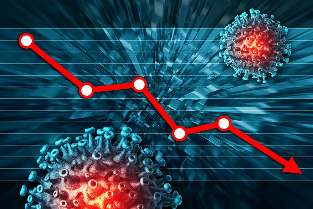 Virus graphic with declining trend line