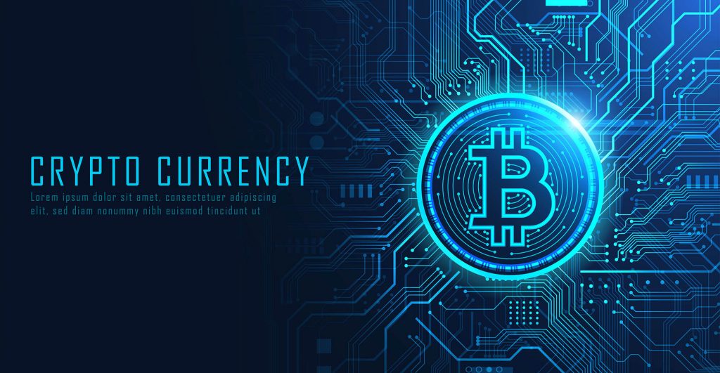 Bitcoin symbol on digital circuit background